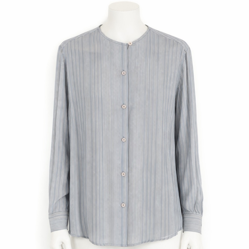 Ann Taylor Striped Sheer Blouse Women Small Blue Gray Button Front Top 100% Silk